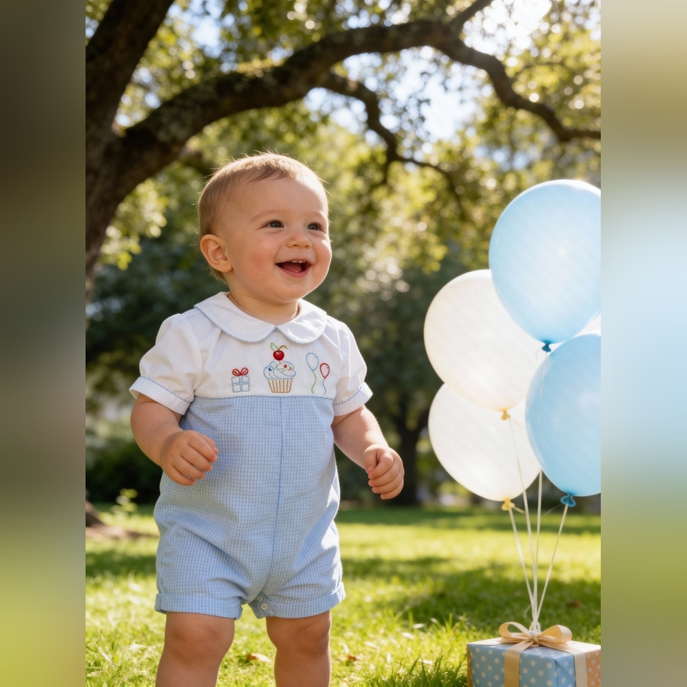 Petit Ami Blue and White Birthday Embroidered Romper